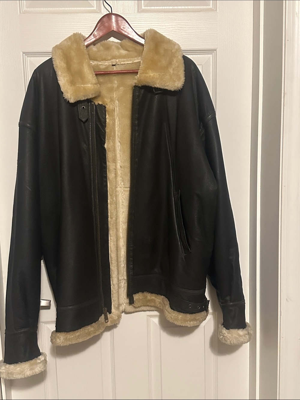 Men's Black Leather Bomber Jacket with Cream Shearling Lining